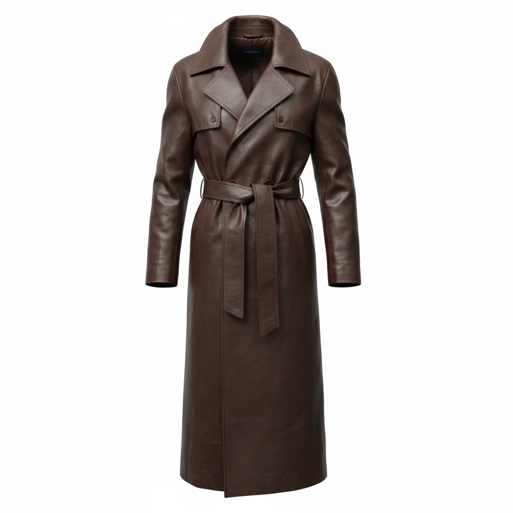 Animari Brown Faux Leather Trench Coat Belted Double Breasted Size Medium